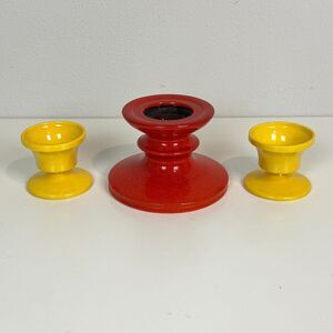 3 Mid-Century Modernist Red Yellow Ceramic Candle Holders